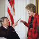 Former President Ronald Reagan after signing an anti-drug bill that he dedicated to his wife Nancy.